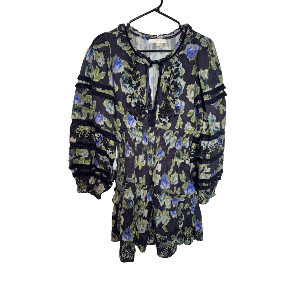 LoveShackFancy Floral Ruffle Small Romper Blue Green Boho Cottagecore Festival
